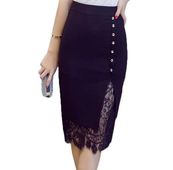 

skirts plus size lace patchwork single-breasted office skirt woman pencil fashion ladies bodycon faldas mujer, Black