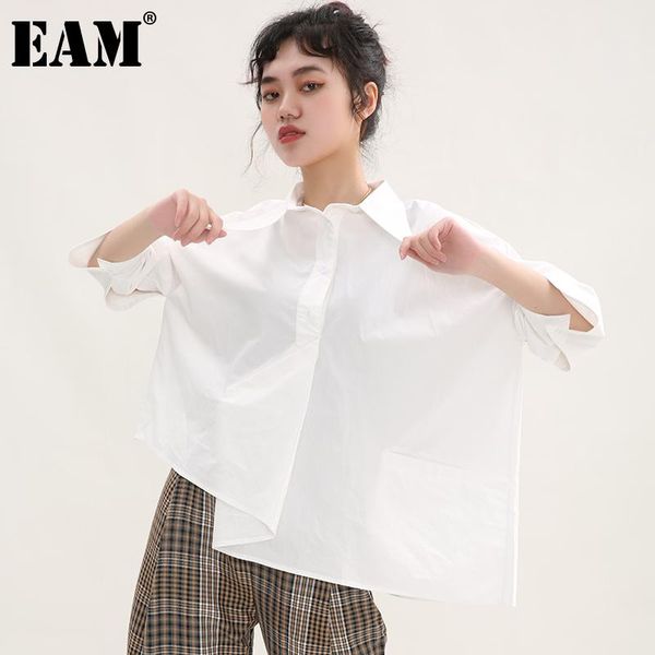 

women's blouses & shirts [eam] women white irreuglar hem big size blouse lapel three-quarter sleeve loose shirt fashion spring autumn 2