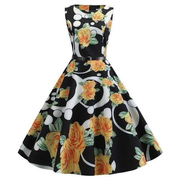 

dresses c7603 women's casual hepburn style round neck sleeveless print slim dress, Black;gray