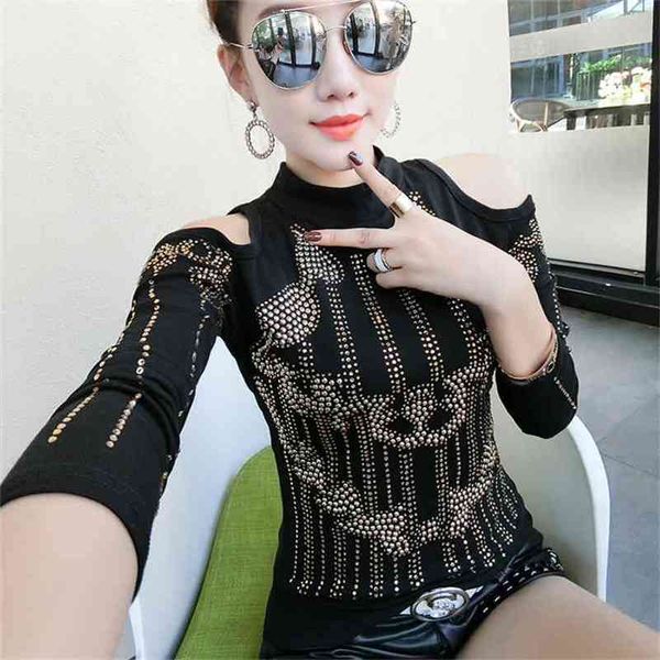 

off shoulder diamonds pullover tshirt spring autumn women long sleeve stand bottoming shirt clothes t92911 210421, Black;gray