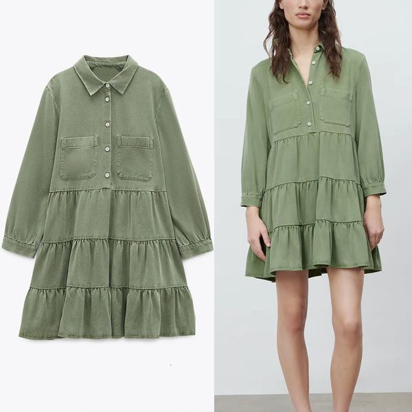 

dresses za ruffle mini green white women long sleeve pleated spring es woman fashion button up elegant vestidos, Black;gray
