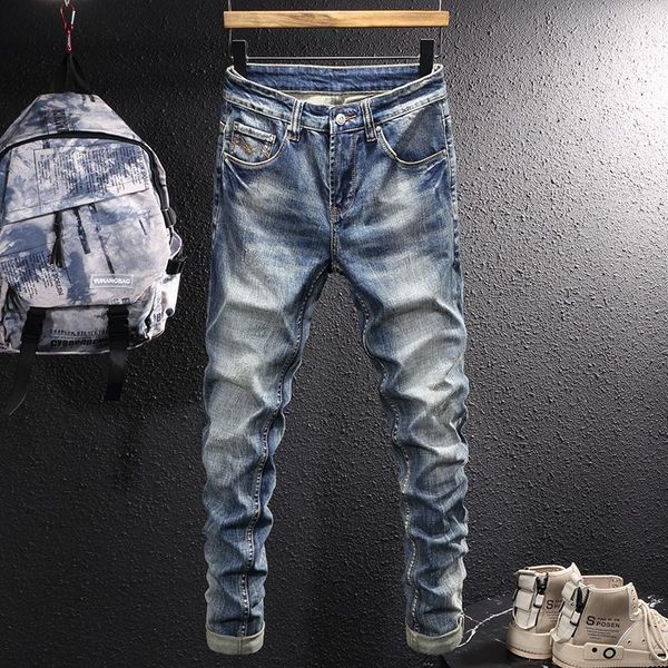 

men's jeans ly designer fashion men retro blue elastic slim fit frayed ripped vintage stretch casual cotton denim pants