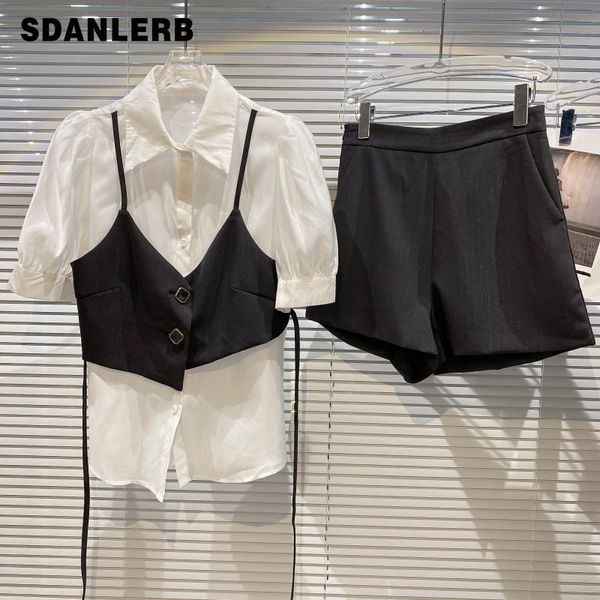 

women's tracksuits two piece suit 2021 summer elegant vest stitching outer shirt short sleeve blouse wide leg pants shorts two-piece se, Gray