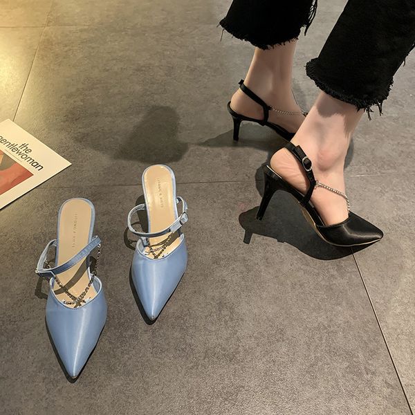 

luxury dress shoes baotou semi slipper's 2021 summer wear thin heels, fashionable and versatile ultra muller high heels, Black