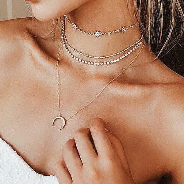 

pcs/set charm women gold necklaces set exquisite star crystal moon bead pendant multilayer necklace birthday gift jewelry, Silver