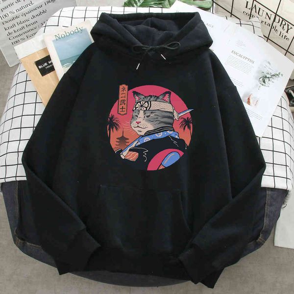 

japane culture cat printed men's hoodie, harajuku sweater, hip-hop loose sweatshirt in autumn and spring, novel, Black