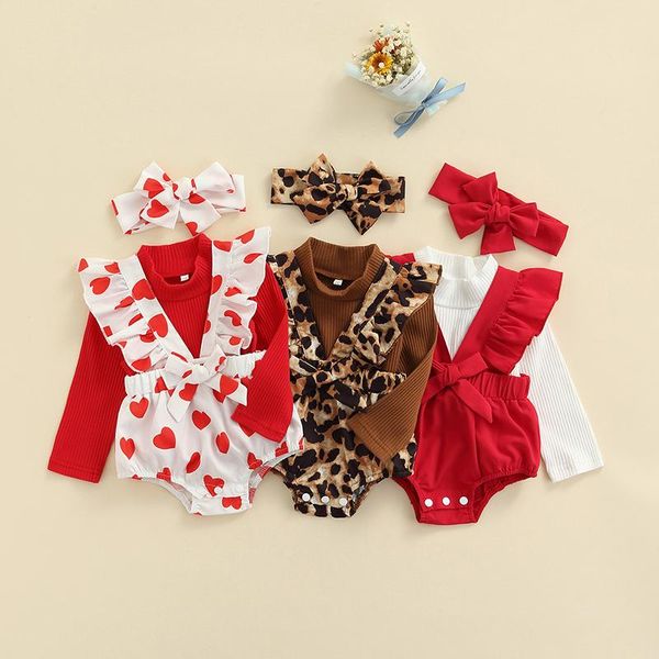 

clothing sets 0-24m born baby girl long sleeve cotton bodysuit print ruffles suspender bloomers headband 3pcs set, White