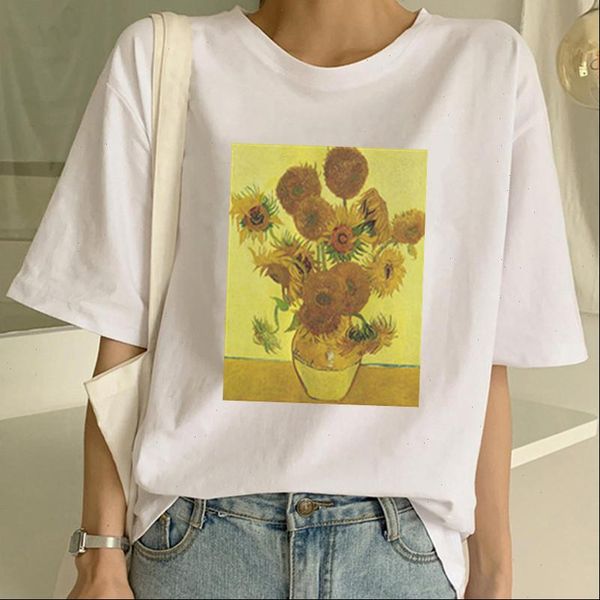 

women van gogh t shirt harajuku grunge aesthetic art sunflower vintage funny casual graphic tees femme, White