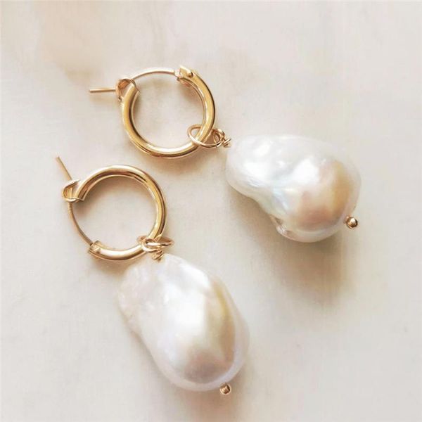 

hoop & huggie real natural baroque pearl earrings 14k gold filled fine jewelry brincos pendientes oorbellen boho, Golden;silver