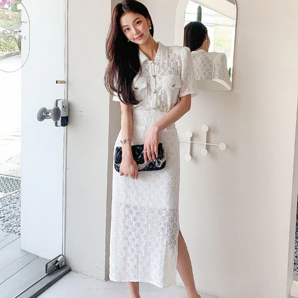 

single-breasted lace 2 pieces set women summer ol short sleeve hollow out beading button blouse & long skirts set 210514, White