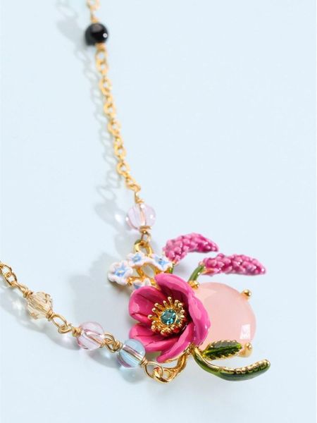 

french romantic fresh fashion hand-painted enamel glaze pink flower necklace temperament wild clavicle chain pendant necklaces, Silver