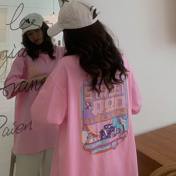 

casual loose oversized cartoon printed women t shirts three quarter sleeve tee pink white orange streetwear