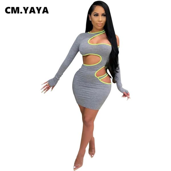 

cm.yaya women autumn winter hole mini dress full sleeve casual street bandage bodycon dresses night club party vestidos, Black;gray
