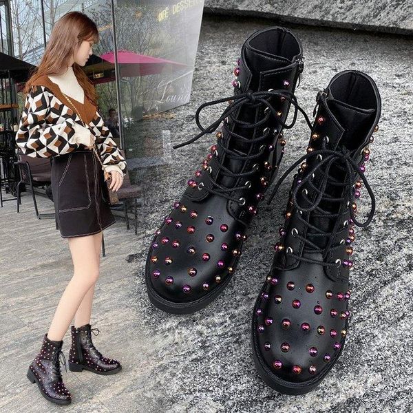 

boots autumn / winter 2021 women's rivet decoration leather medium tube fashion shoes british, Black