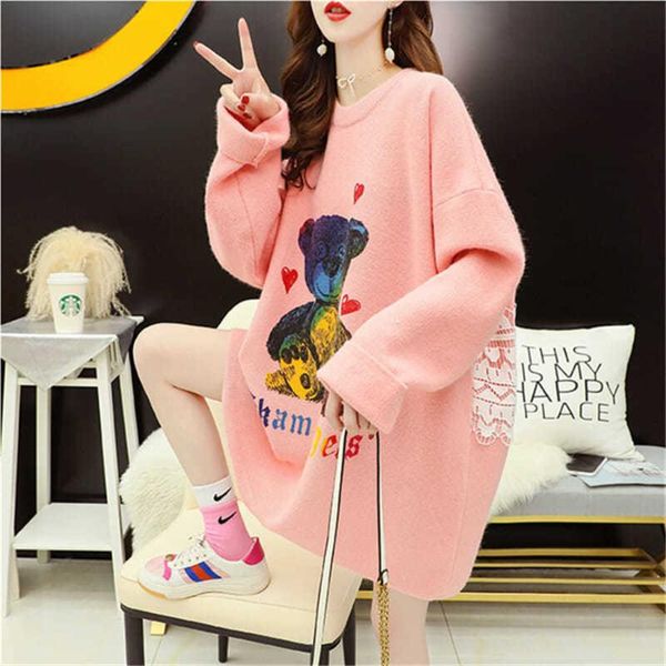 

women's sweaters autumn winter women cartoon little bear o-neck loose pullover sweater all-match lazy style knitting jumper 643, White;black