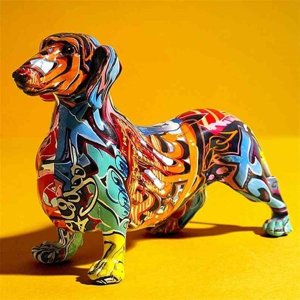 Creative pintado colorido Dachshund Dog Decoration Home Moderna Gabinete de Vinho Escritório Decor Desktop Resina Artesanato Miniaturas Estátuas 210811