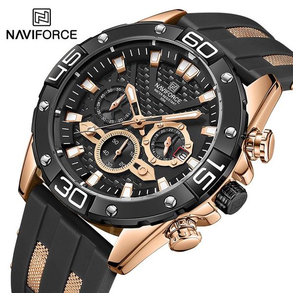 

wristwatches naviforce casual multifunction male watch waterproof silicone strap wristwatch quartz date display chronograph relogio masculin, Slivery;brown