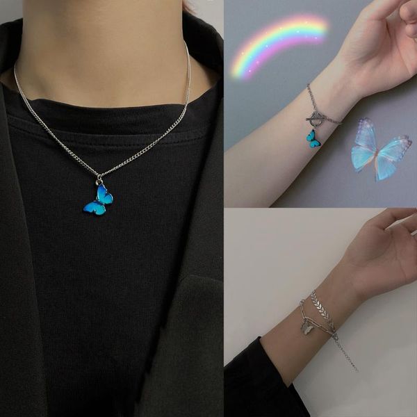 

link, chain korean fashion blue butterfly bracelet for women jewelry simple charm pendant hand bracelets summer accessories, Black