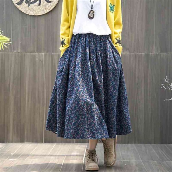 

cotton vintage flowers print elastic waist a-line skirt mori girl autumn 210412, Black
