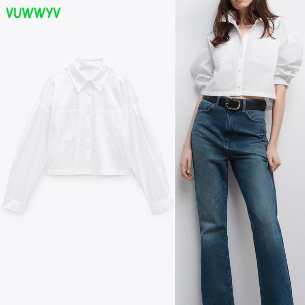 VUWWYV Weiß Streetwear Taschen Crop Damen Hemd Casual Plus Size Button Up Shirts Langarm Kurze Damen Tops Tunika 210430