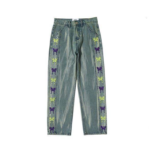 

men's jeans ewq / wear streetwear tie dye gradient butterfly embroidery black spring trend straight pants male 9y1901 t8tz, Blue