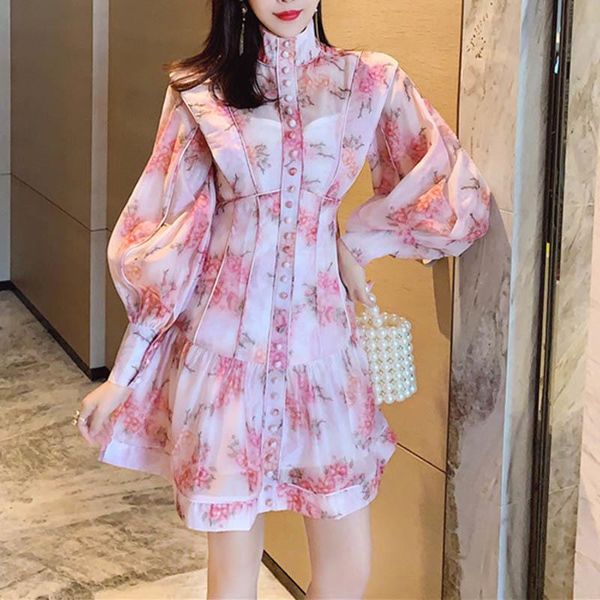 

casual dresses floral vestidos women vintage beading high waist puff sleeve vestido boho female luxury party elegant spring a-line mini dres, Black;gray