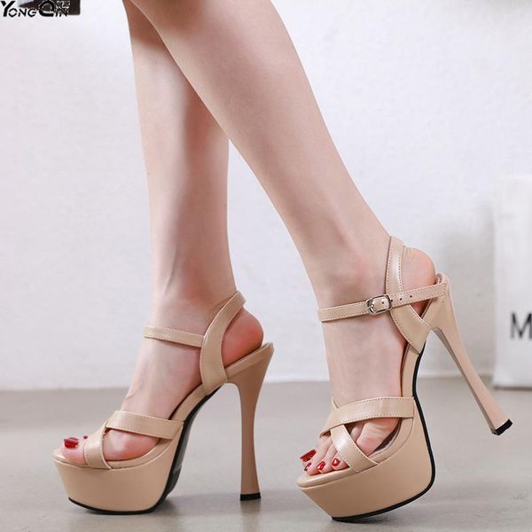 

leather 14cm high heel pumps women's shoes platform peep toe sandals, Black