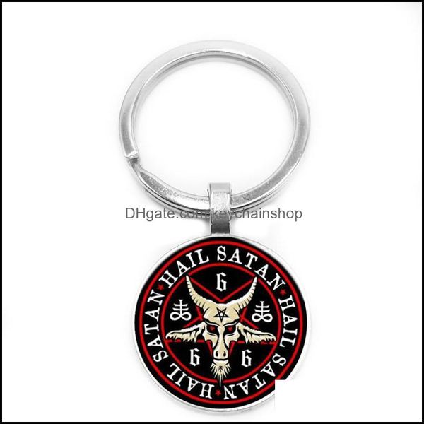 

key rings jewelry tavis / keychain retro sier five-pointed star red goat head glass dome pendant baphomet ring gothic drop delivery 2021 egy, Slivery;golden