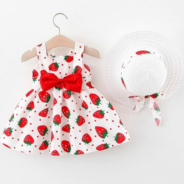 

girl's dresses girls dress 2021 summer dungaree small children's baby girl cute strawberry sleeveless + a straw hat, Red;yellow