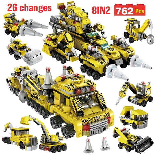 

762PCS 8 IN 2 Technical Engineering Truck Car Building Blocks City Construct Excavator Crane Figures Bricks DIY Toy For Children