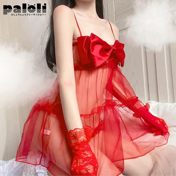 

french suspender sleepwear imitate silk nightie fairy sweet big bow lace black and red night dress women's home clothes, Black;red