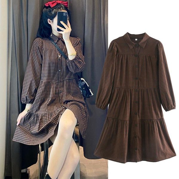 

fashion retro lattice print pleated dresses long sleeve ladies turndown collar dress slim vestidos spring midi casual, Black;gray