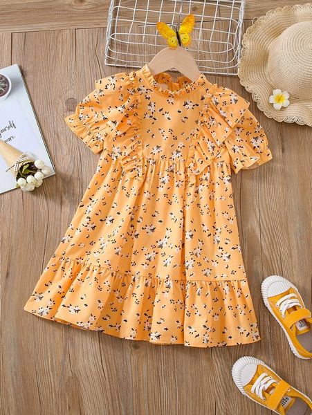 

toddler girls ditsy floral puff sleeve ruffle hem dress she, Red;yellow