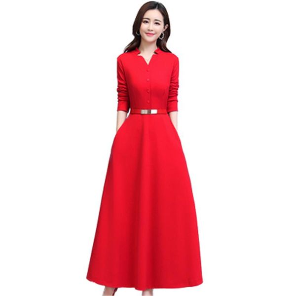 

spring autumn women's long dress 2021 lady trendy sleeve v-neck femme vestido with belt solid red ol mujer elegant n46 casual dresses, Black;gray