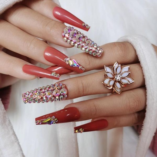 

24pcs 2021 the latest design luxury jewelry ballet coffin fake nail crystal diamond red-brown1, Red;gold