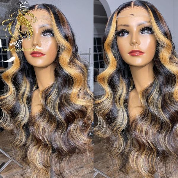 

lace wigs brazilian remy human hair 13x4 front highlight color body wave 4x4 closure wig with pre plucked hairline, Black;brown