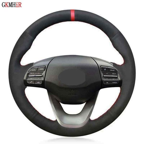 

hand-stitched volant funda volante soft black genuine leather suede car steering wheel cover for kona 2021 covers
