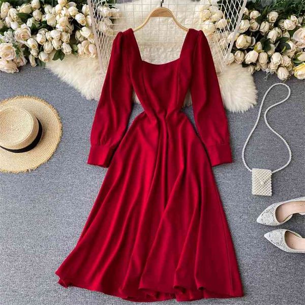 

women fashion autumn retro square collar high waist thin dress lady long sleeve solid color elegant vestidos p716 210527, Black;gray