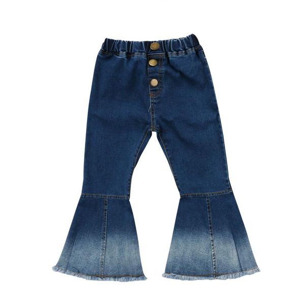 

fashion toddler kids baby girl bell-bottoms long pants buttons flare denim jeans wide leg high waist trousers sunsuit 2-7y, Blue