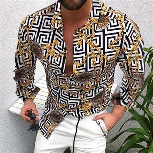 

autumn men vintage oversized shirt ethnic printed turndown collar long sleeve shirts hawaiian striped mens moda hombre men's casual, White;black