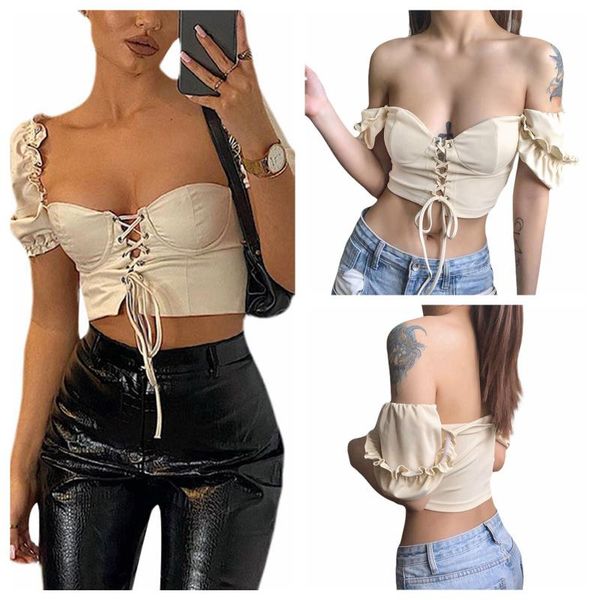 

women's t-shirt off shoulder crop short puff sleeve criss cross lace up tee shirt, White