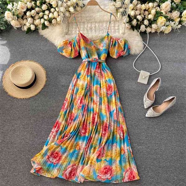 

summer seaside holiday dress female bubble sleeve square neck strapless sling long print pleated uk881 210506, Black;gray
