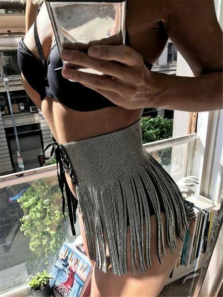 

brand fashion bandage women skirt sequins tassels mini high waist lace up, Black