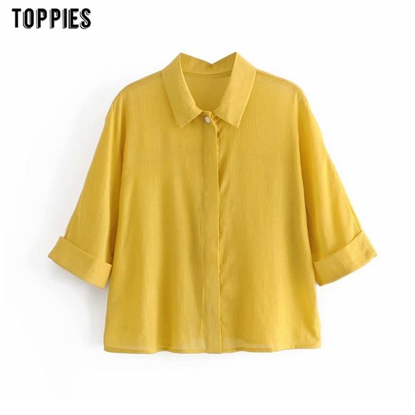 Mulheres Camisas Amarelas Amarelo Collar Senhora Senhora Solta Blusas Simplesmente Estilo Botões Escritório Casual 210421