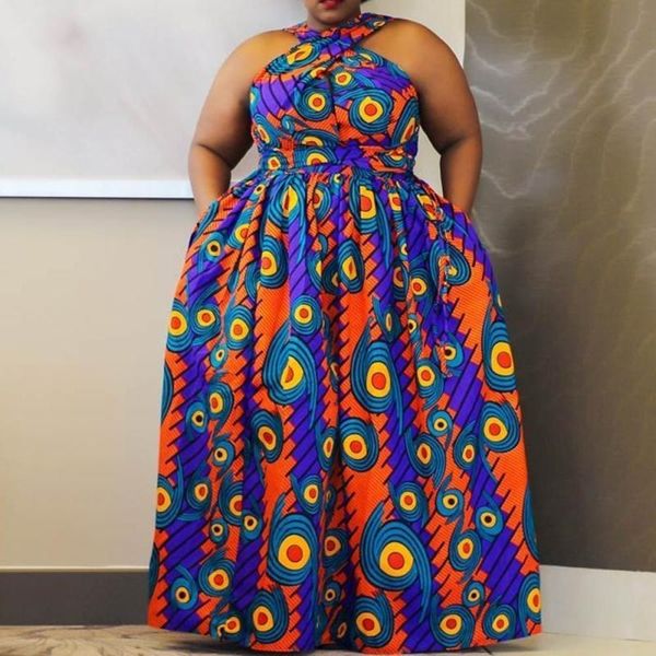 Vestido de Verão Mulheres Sexy Causal Africano Plus Size Bodycon Maxi 4xl Halter Prom Noite Party 210422