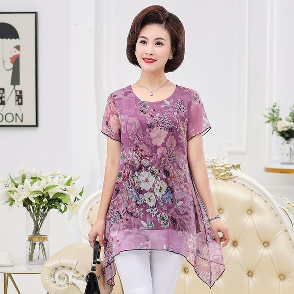 

2021 new summer middle aaged women fashion casual short sleeve blouse female flower print loose plus size 4xl shirt w23, White