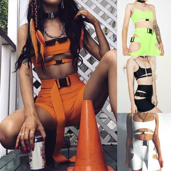 

two piece dress 2pcs set hip hop cool cut out buckle women spaghetti strap sleeveless crop tank+hole shorts1, White