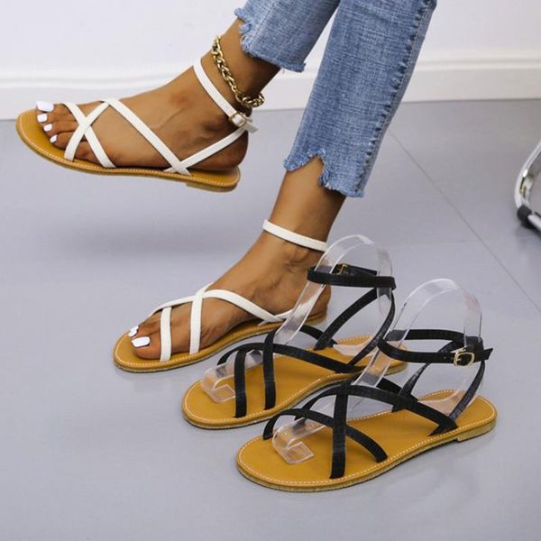 

sandals 2021 women cross strap summer buckle shoes fashion solid flat leisure, Black