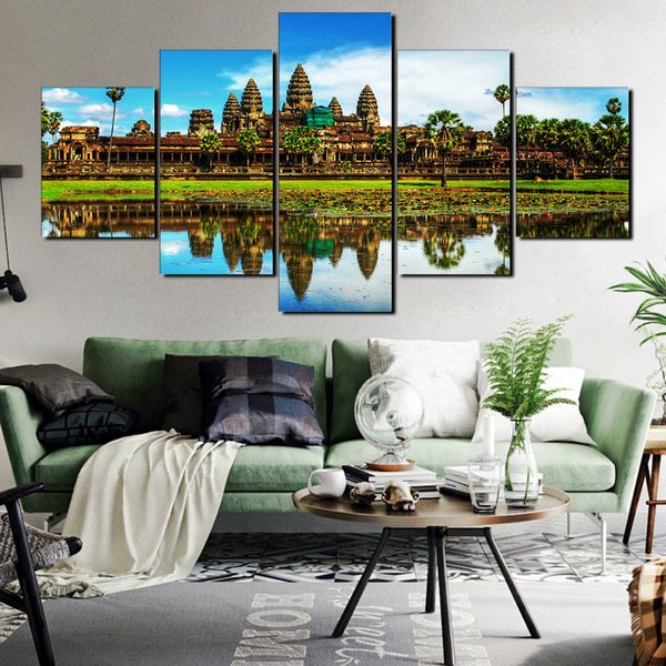 

canvas printing 5 pieces abstract angkor wat temples painting kitchen decor restaurant wall art(no frame)