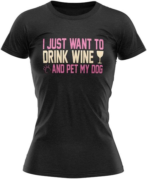 

men's t-shirts drink wine and pet dog t shirt, funny tshirt for women, girls novelty gifts black top, White;black